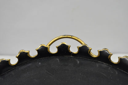 Vintage French Country Black and Gold Hand Painted Oval Toleware Serving Tray