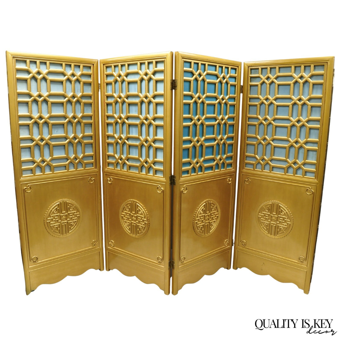 Vintage Chinoiserie Lattice Fretwork 4 Panel Gold Folding Screen Room Divider