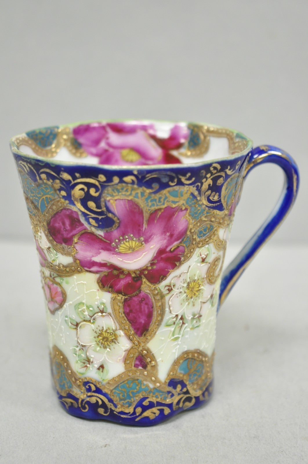 Antique Victorian Teacup & Saucer Cobalt Blue & Roses w/ Draped Gold Trim