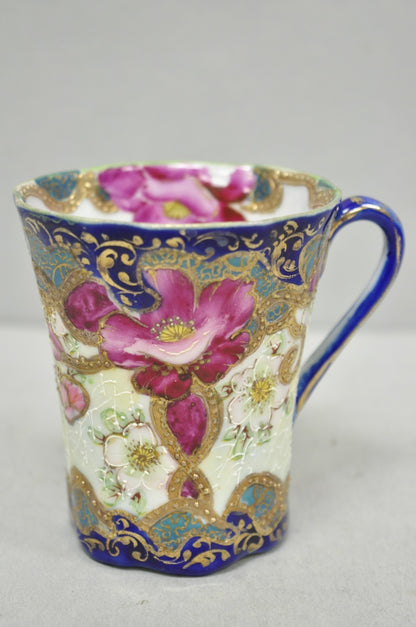 Antique Victorian Teacup & Saucer Cobalt Blue & Roses w/ Draped Gold Trim
