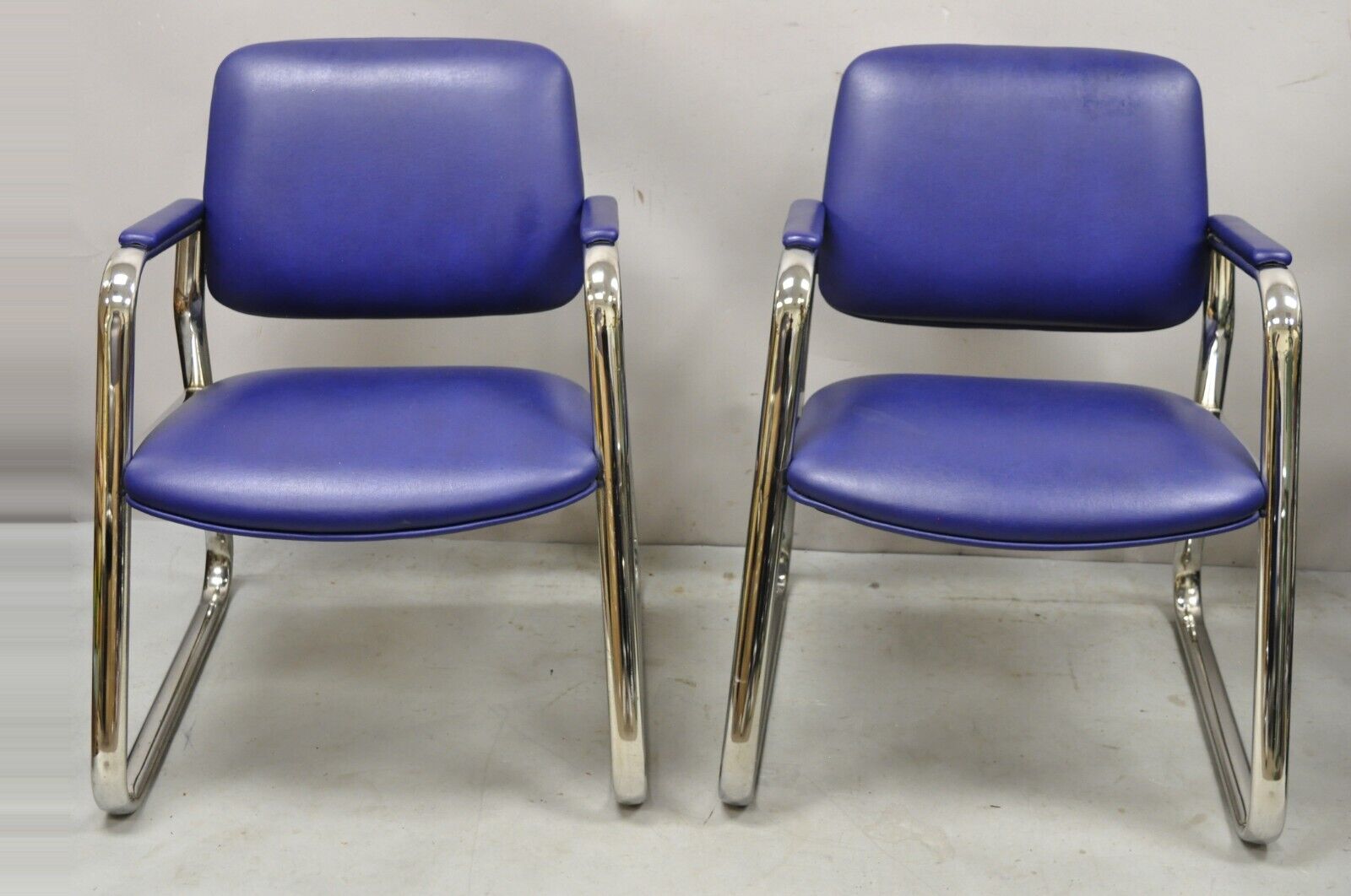 Vintage Lawsonia Stylex Blue Vinyl Chrome Frame Lounge Chairs - a Pair