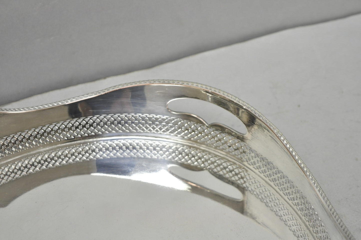 Antique English Edwardian Silver Plated Scalloped Oval Butlers Serving Bar Tray