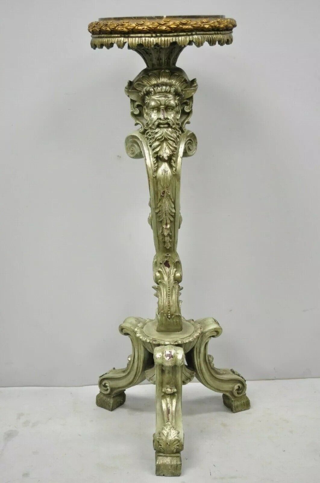 Italian Baroque Style Marble Top Figural Bearded Man Pedestal Stands - a Pair