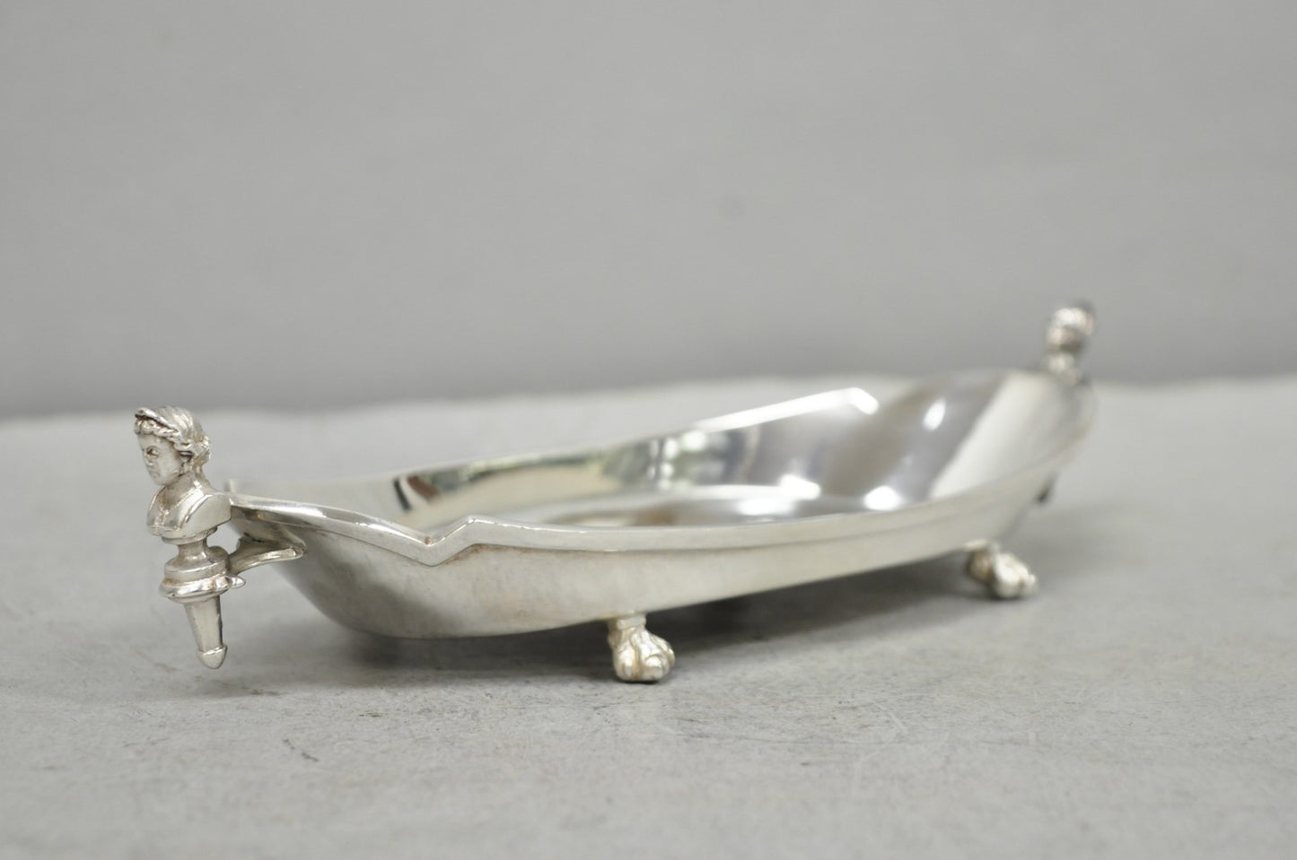 Antique French Renaissance Small Silver Plated Figural Twin Handle Trinket Dish
