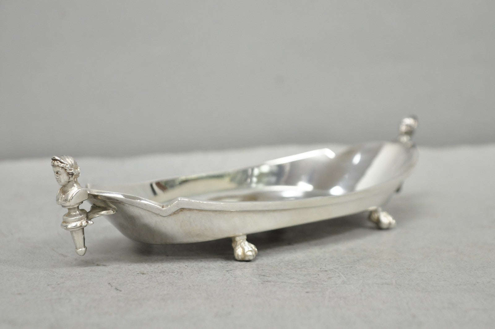 Antique French Renaissance Small Silver Plated Figural Twin Handle Trinket Dish