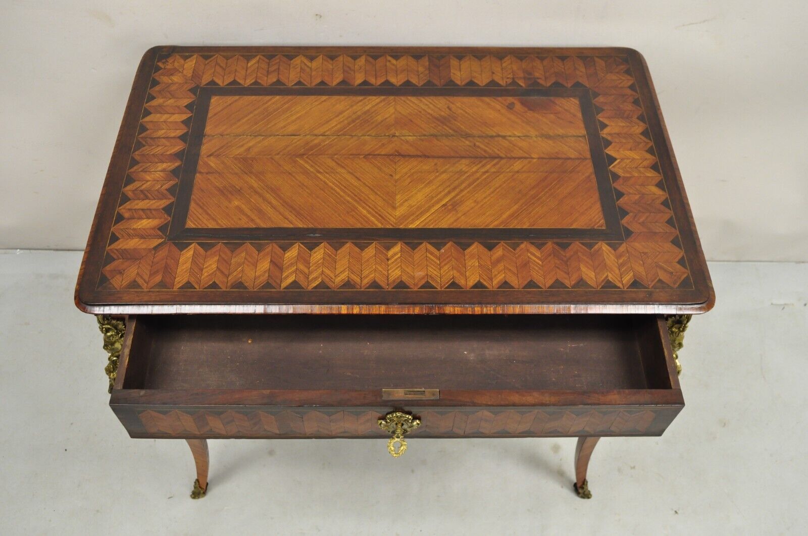 Antique French Louis XV Style Bronze Mount Marquetry Inlay 1 Drawer Writing Desk