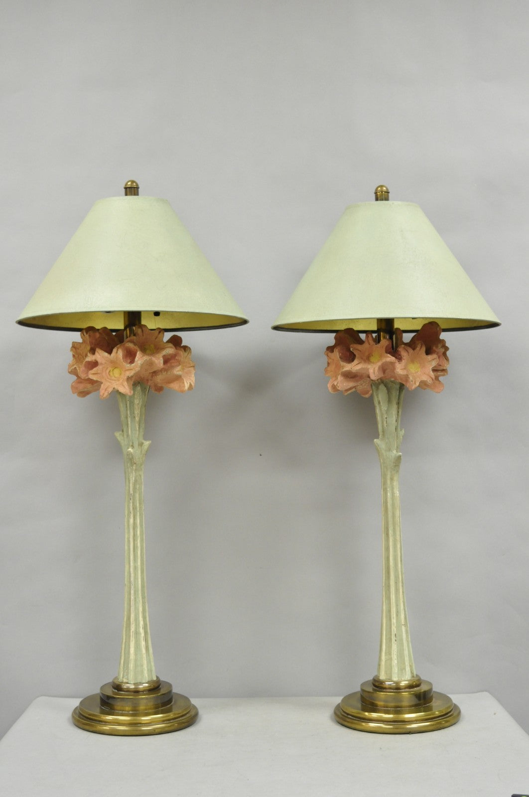 Vintage Hollywood Regency Pink Lily Flower Bouquet Tall Table Lamps by Hart Pair