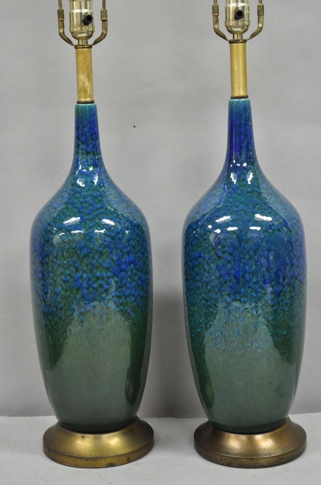 Mid Century Modern Blue & Green "Peacock" Glazed Ceramic Pottery Table Lamp Pair