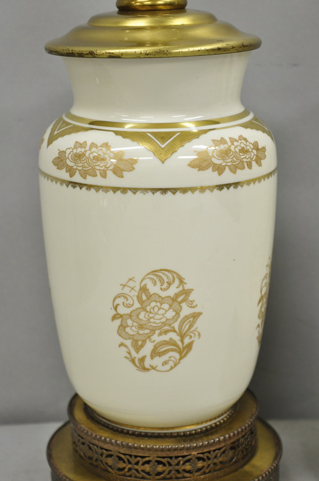 Vintage Victorian Cream & Gold Gilt Porcelain Table Lamps attr Lenox - a Pair
