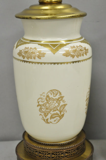 Vintage Victorian Cream & Gold Gilt Porcelain Table Lamps attr Lenox - a Pair