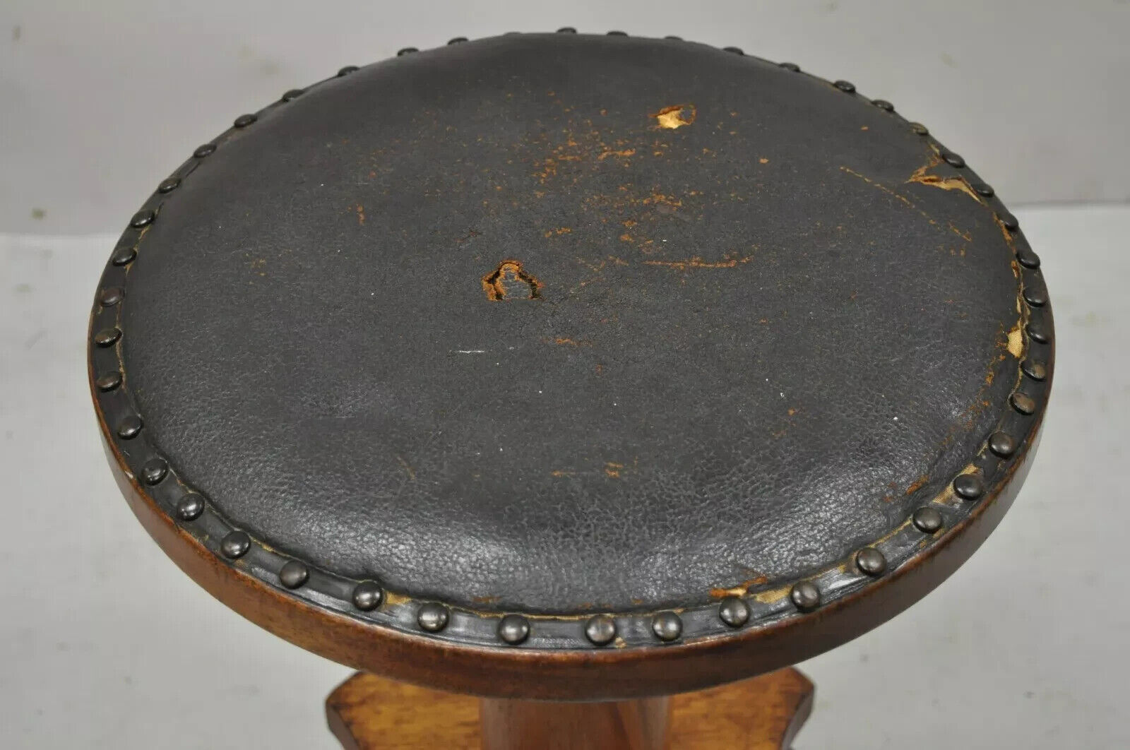 19th C. American Empire Mahogany Carved Column Paw Foot Swivel Leather Stool