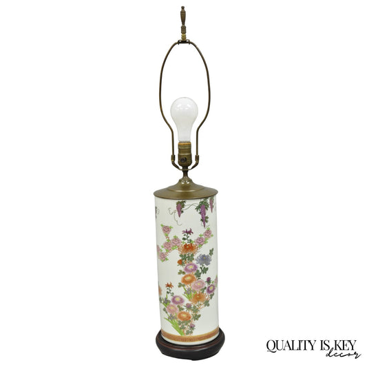 Vintage Chinoiserie Oriental Chinese Porcelain Floral Paint Cylinder Table Lamp