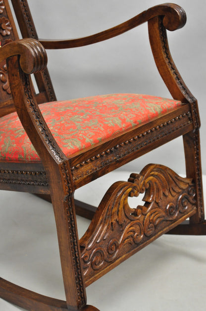 Vintage Anglo Indian Renaissance Style Carved Wood Rocker Rocking Chair