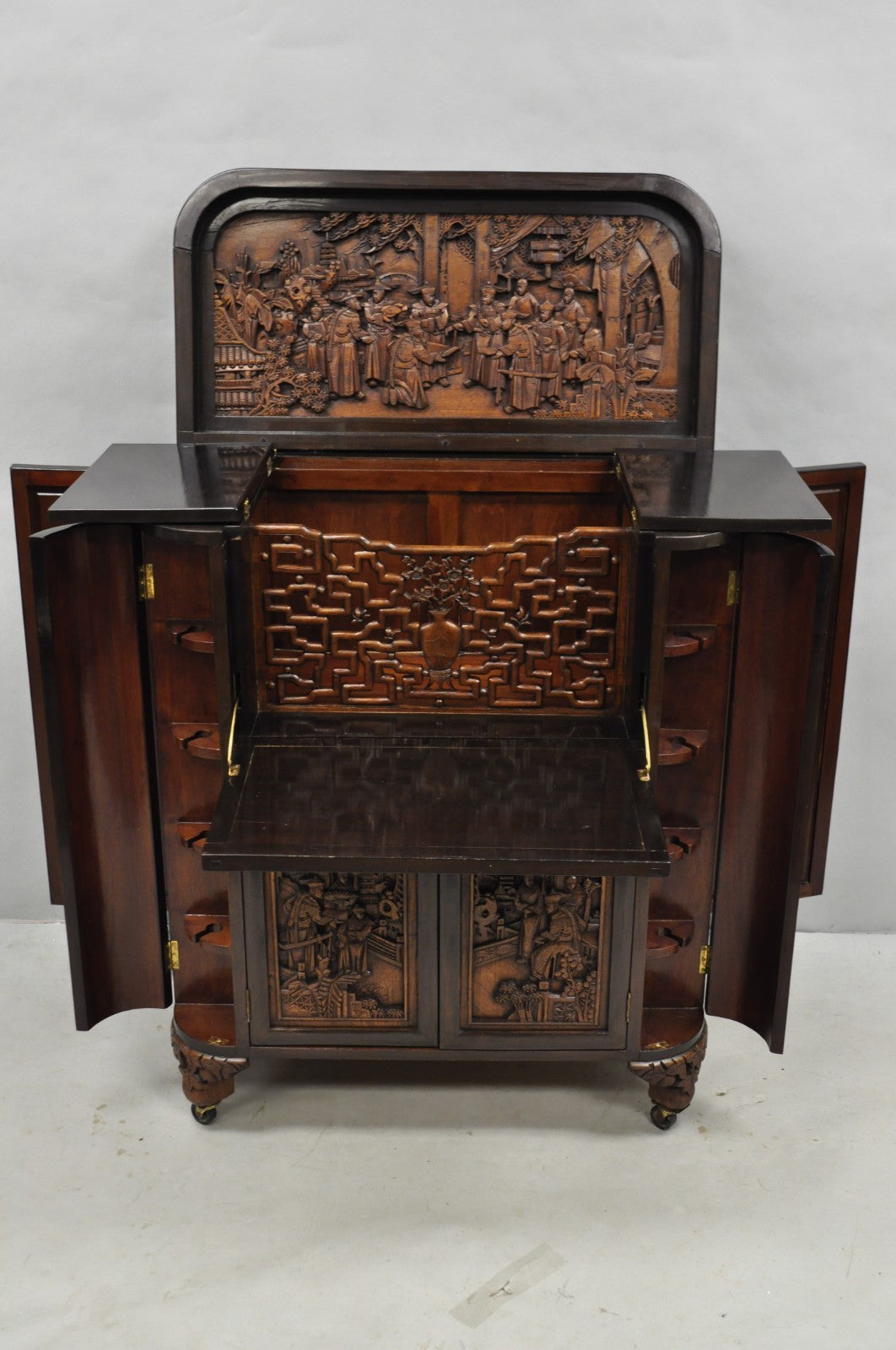 Vintage J L George Zee Chinese Figural Carved Teak Wood Flip Top Dry Bar Cabinet