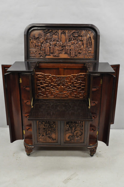 Vintage J L George Zee Chinese Figural Carved Teak Wood Flip Top Dry Bar Cabinet