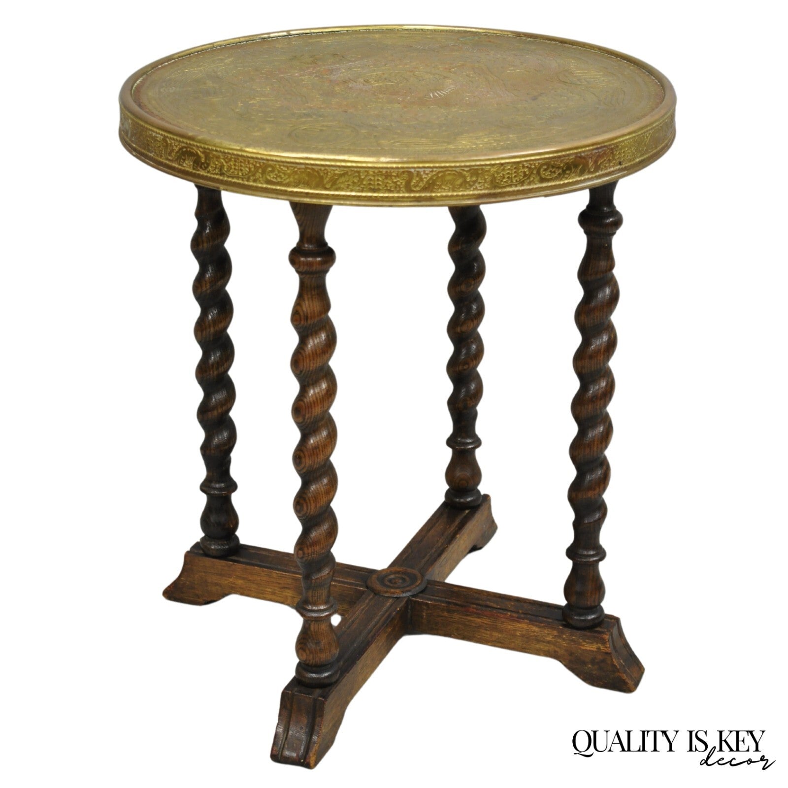 Antique Chinoiserie Oak Barley Twist Chinese Brass Dragon Side Table by Ferguson