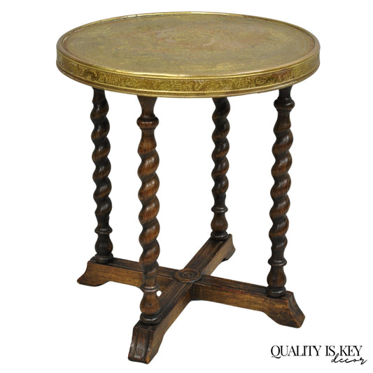 Antique Chinoiserie Oak Barley Twist Chinese Brass Dragon Side Table by Ferguson