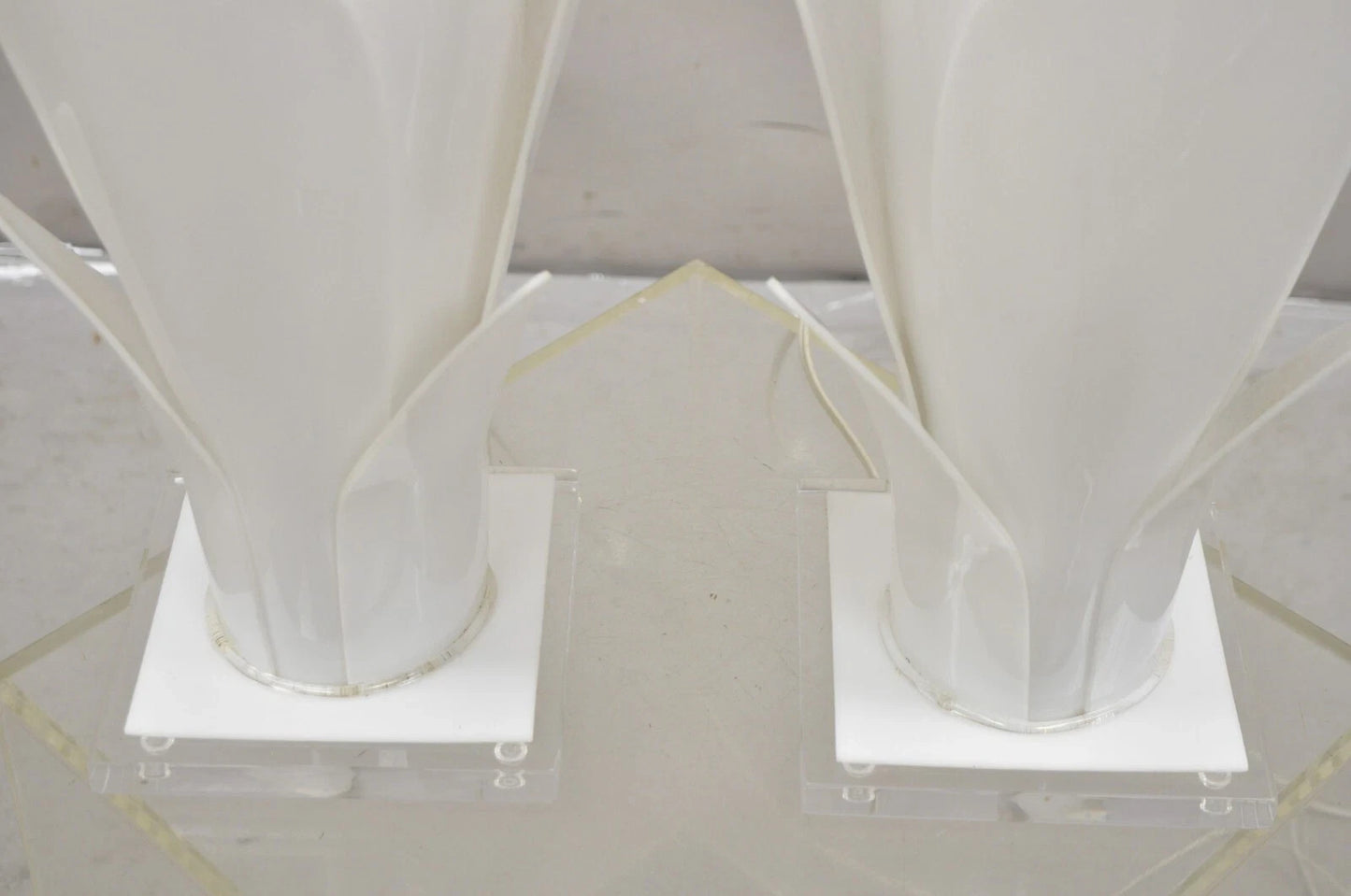 Rougier White Acrylic Lucite Tulip Flower Leaf Mid Century Table Lamps - a Pair
