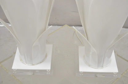 Rougier White Acrylic Lucite Tulip Flower Leaf Mid Century Table Lamps - a Pair