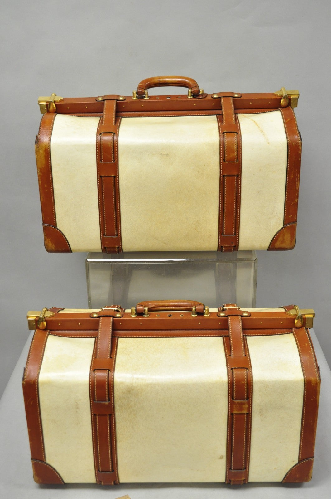 Vintage Dinoffer NY Italian Brown Leather & Vellum Parchment Gladstone Bag, Pair