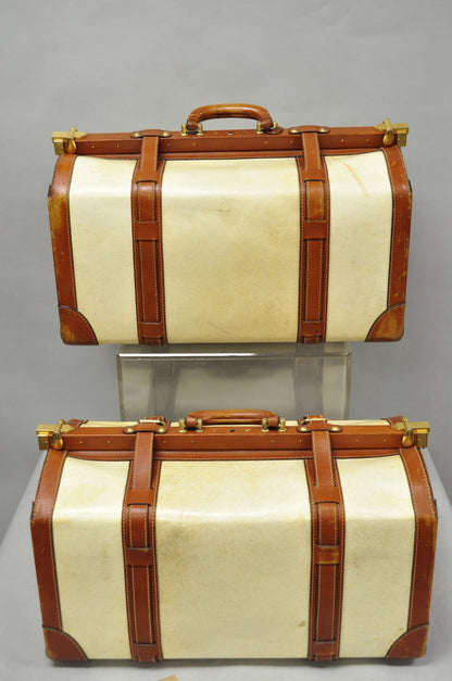 Vintage Dinoffer NY Italian Brown Leather & Vellum Parchment Gladstone Bag, Pair
