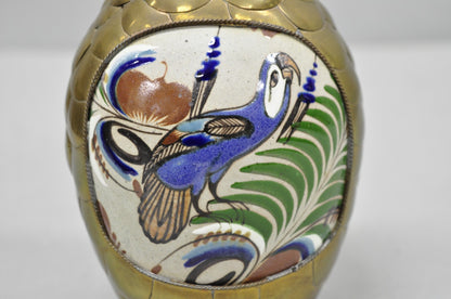 Mateos Mexico Tonala Pottery Mid Century Modern Brass Peacock Feather 7" Vase