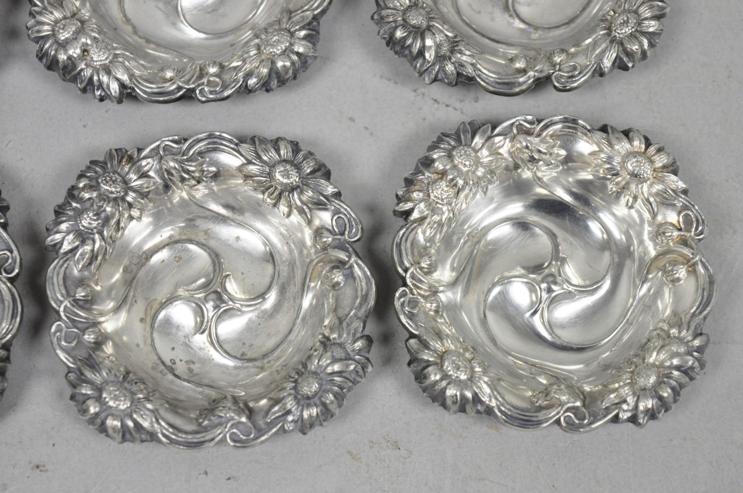 Antique English Art Nouveau Silver Plated Floral Repousse Nut Dish Bowl Set of 8