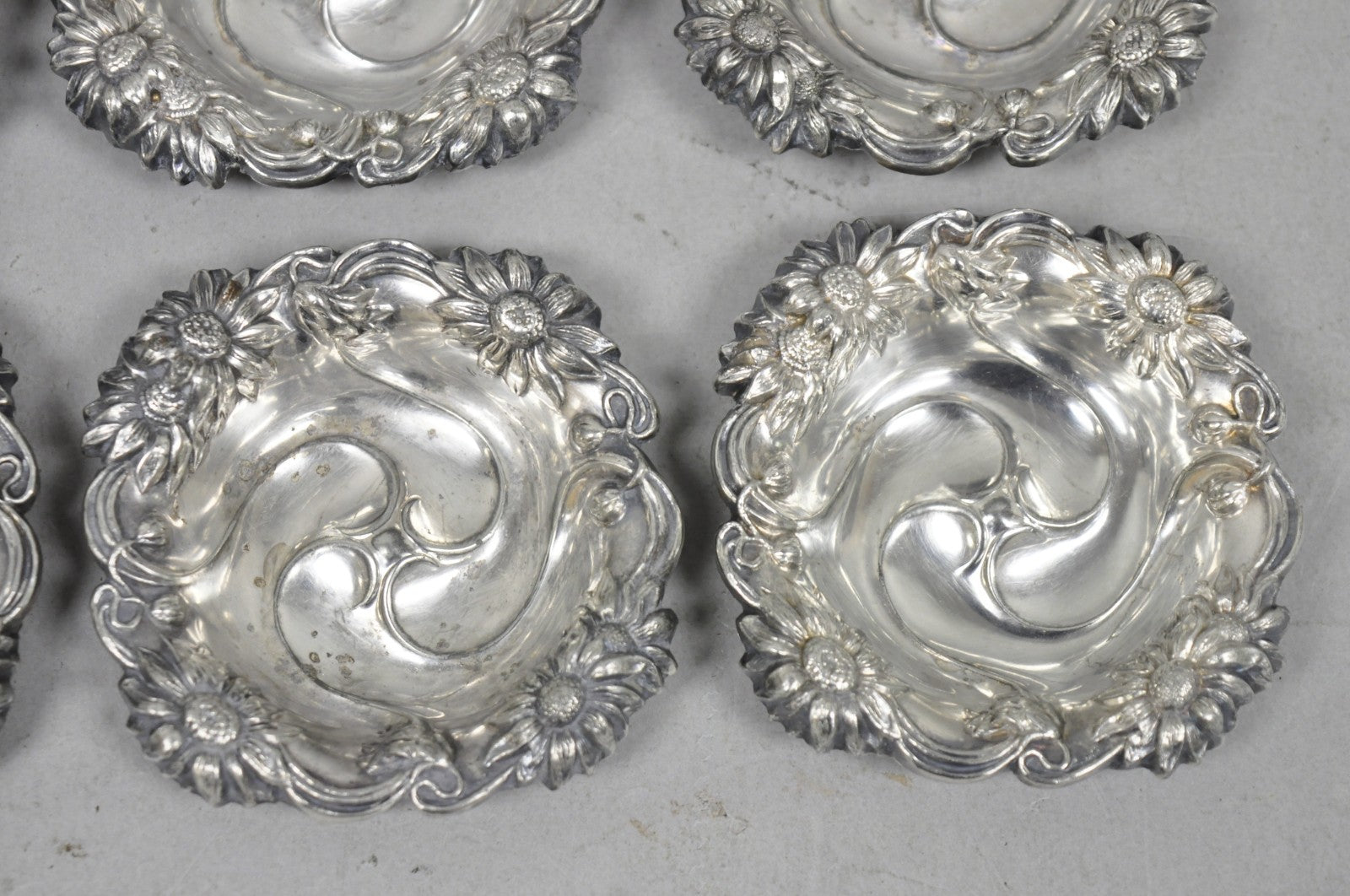 Antique English Art Nouveau Silver Plated Floral Repousse Nut Dish Bowl Set of 8