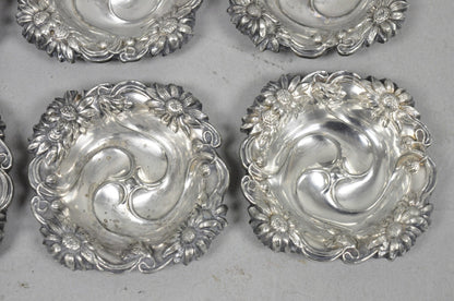 Antique English Art Nouveau Silver Plated Floral Repousse Nut Dish Bowl Set of 8