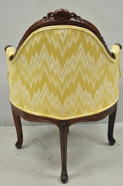 Antique French Louis XV Style Carved Walnut Yellow Fabric Boudoir Lounge Chair