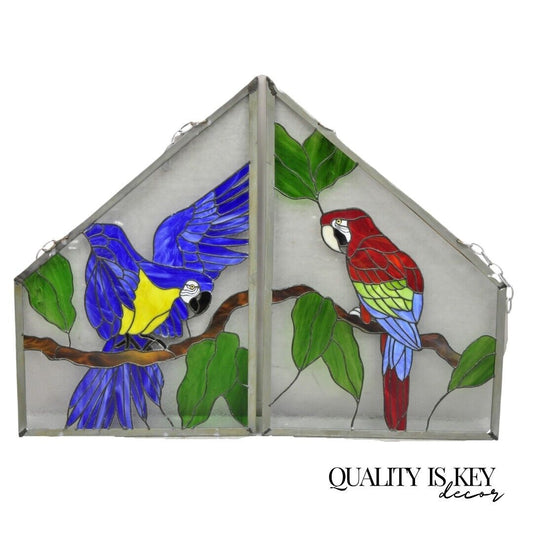 Vintage Leaded Stained Glass Red and Blue Parrot Bird Window Suncatcher - a Pair