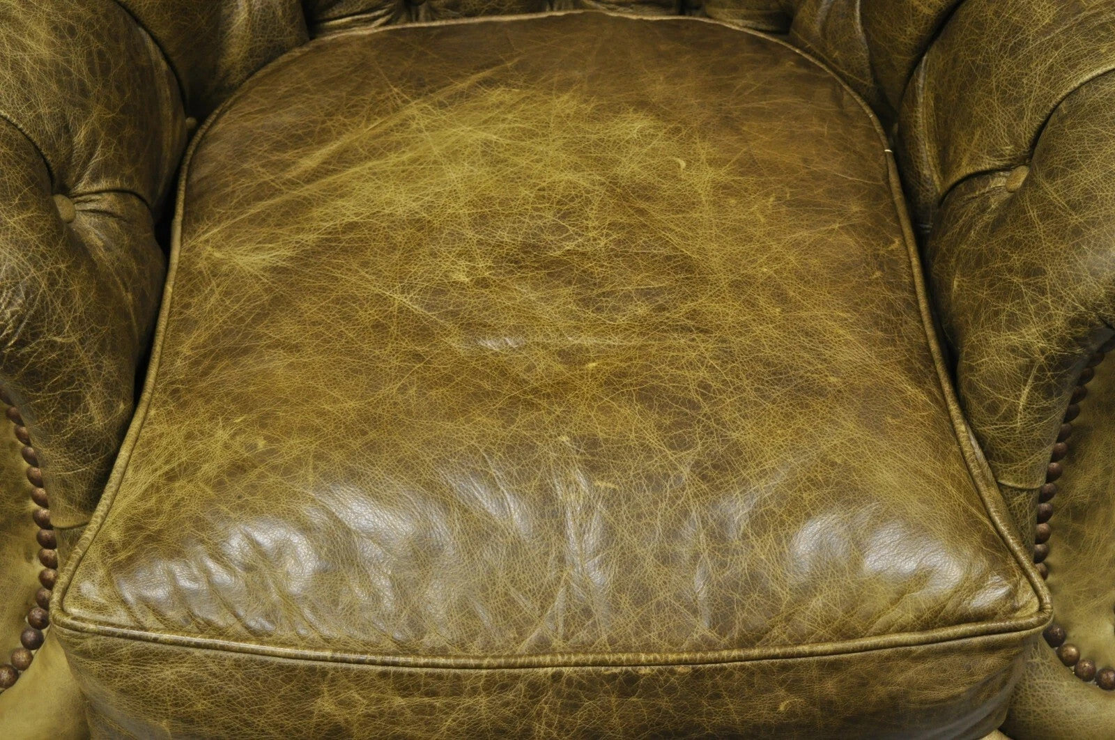 Lillian August Brown Green Leather Chesterfield Club Lounge Chair & Ottoman