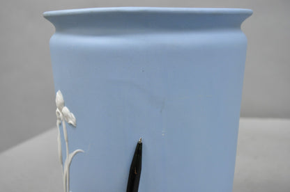 Vintage Flambro Cameo Iris Blue Jasperware Wedgwood Style Floral Cachepot Vase