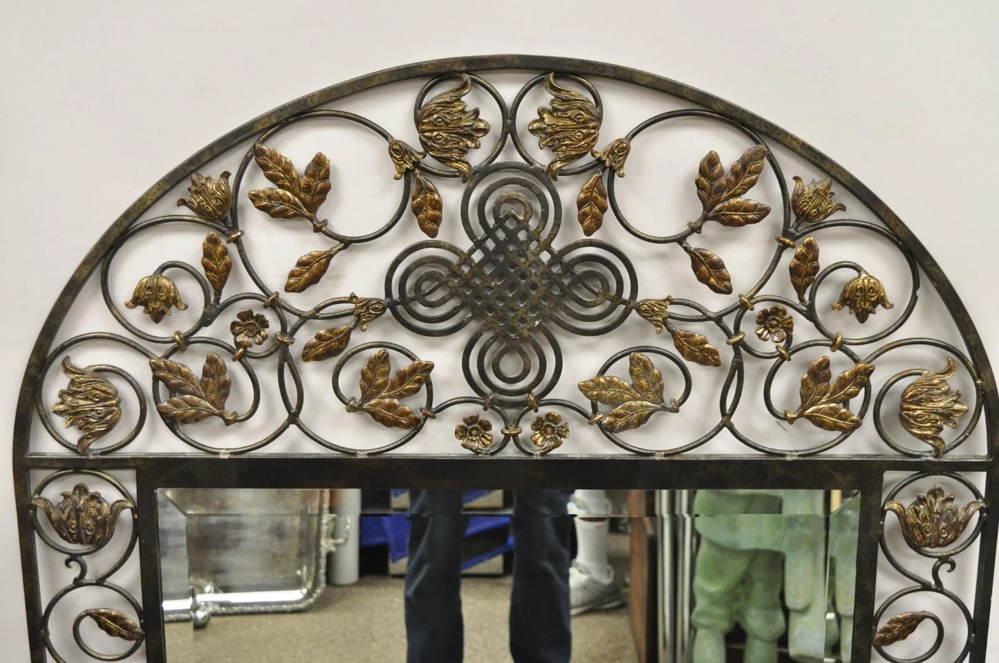 LaBarge Italian Mediterranean Wrought Iron Flower Leaf Scroll Arched Wall Mirror