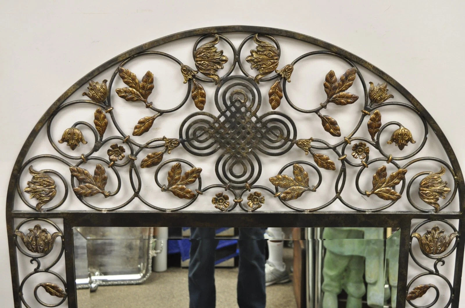 LaBarge Italian Mediterranean Wrought Iron Flower Leaf Scroll Arched Wall Mirror