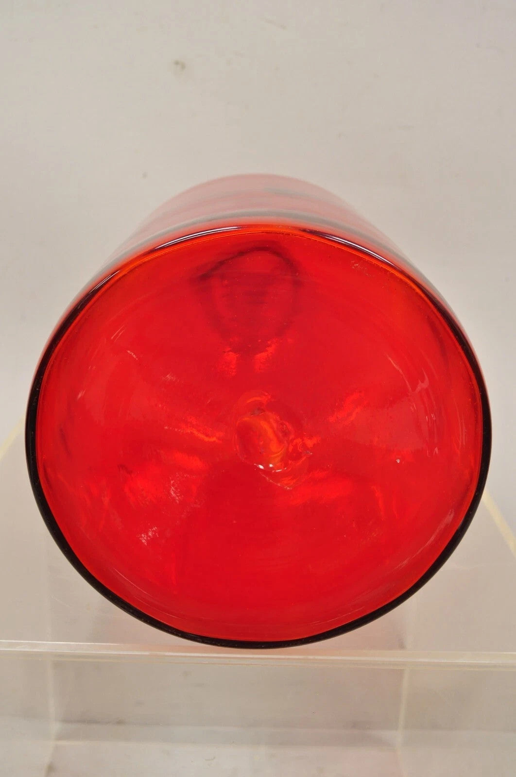 Mid Century Modern Blenko Large Red Blown Art Glass Vase Vessel Jug with Stopper