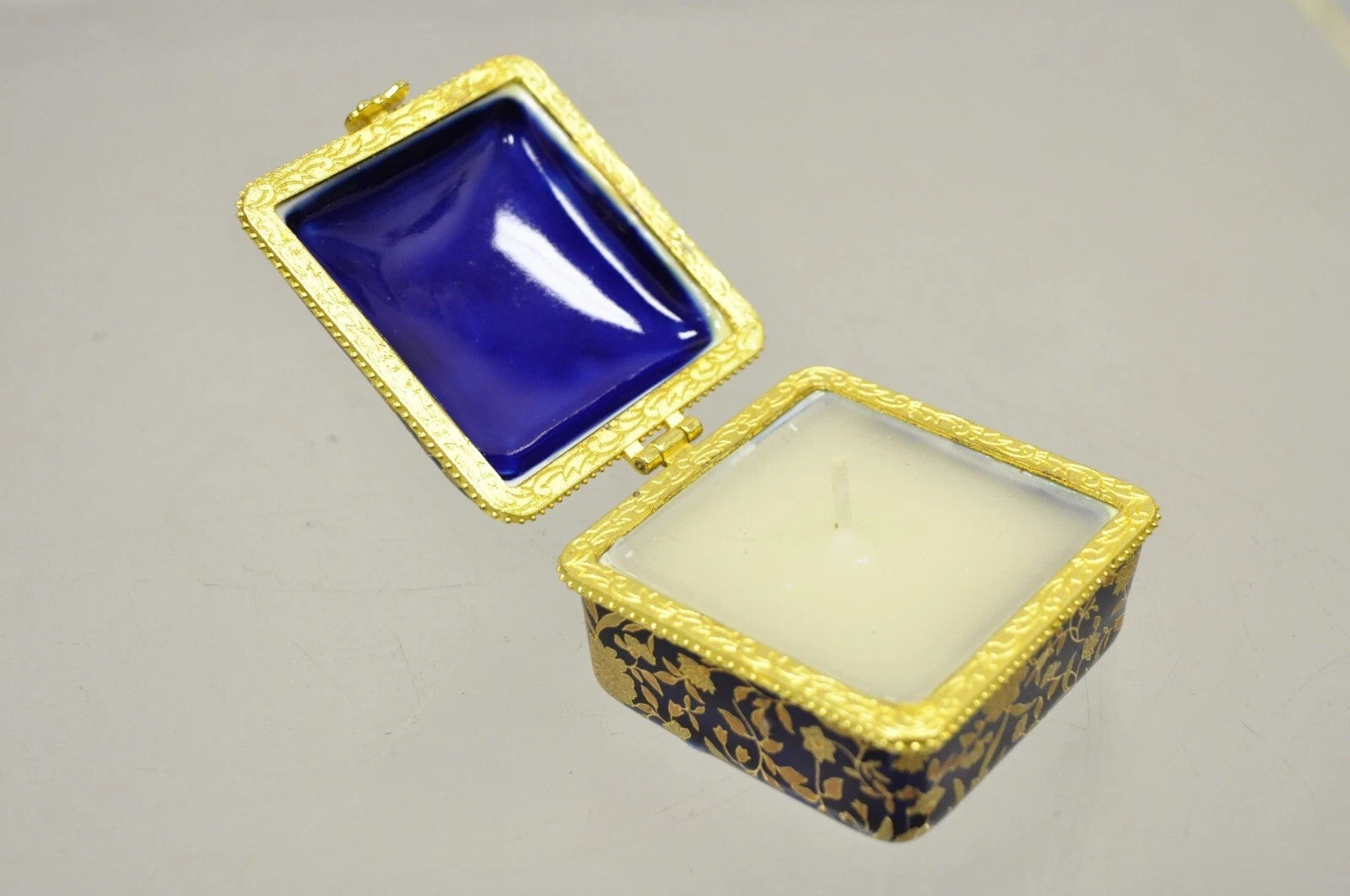 Vintage Cobalt Blue Porcelain Egg Gold Gilt Hinged Lid Candle Trinket Box - 2 Pc