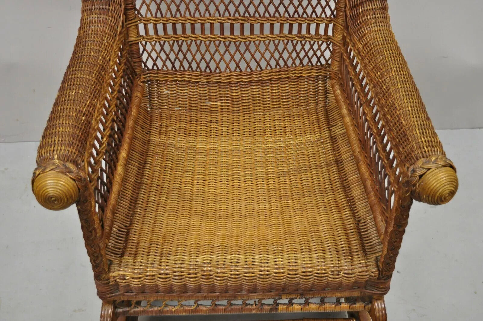 Antique Heywood Wakefield Victorian Woven Wicker Platform Rocker Rocking Chair