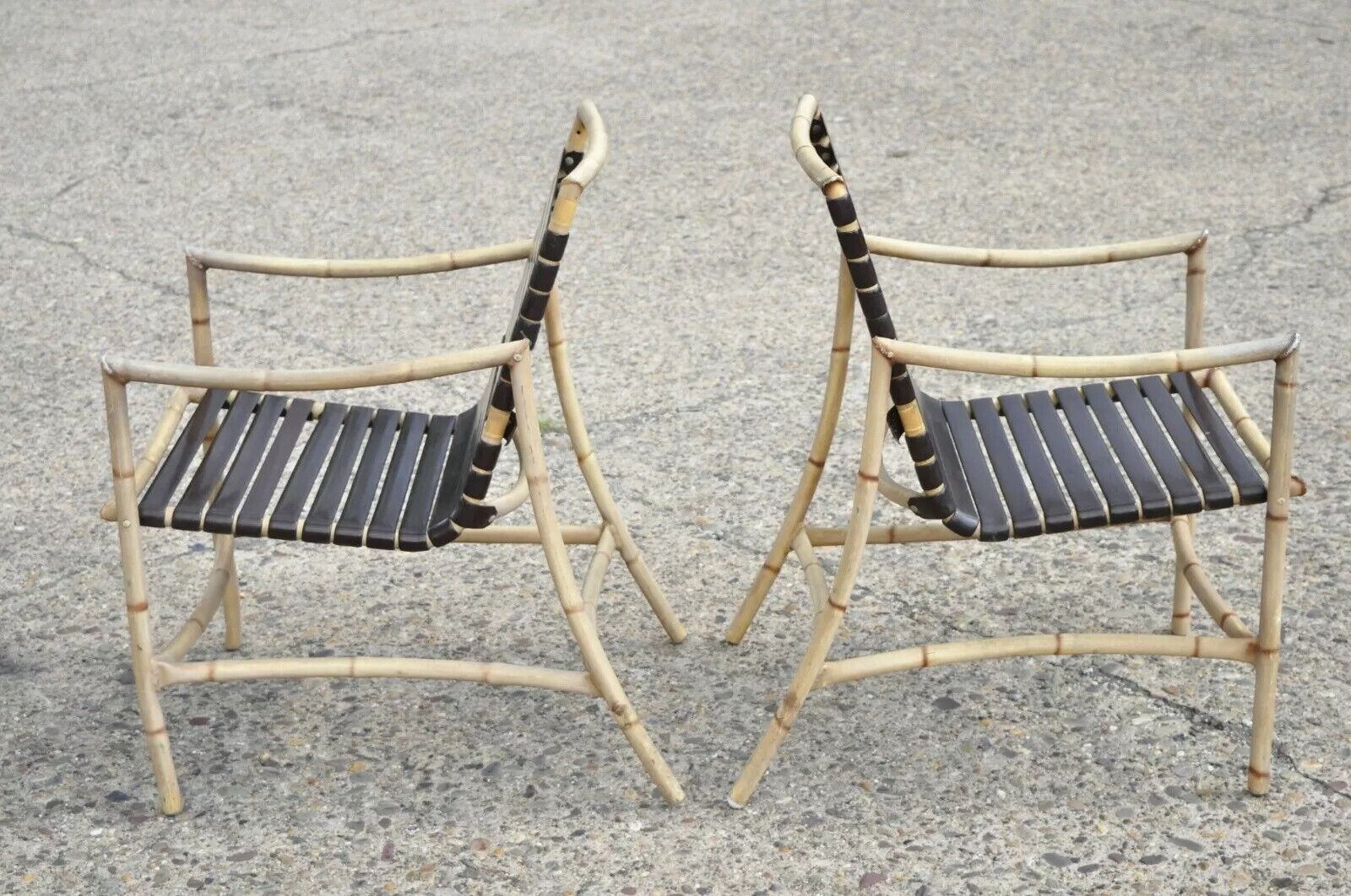 Faux Bamboo Chinese Chippendale Aluminum Vinyl Strap Pool Arm Chairs - a Pair