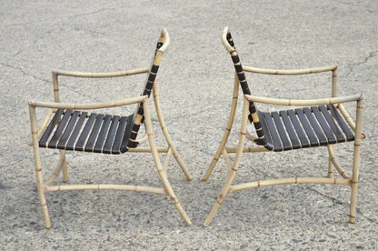 Faux Bamboo Chinese Chippendale Aluminum Vinyl Strap Pool Arm Chairs - a Pair