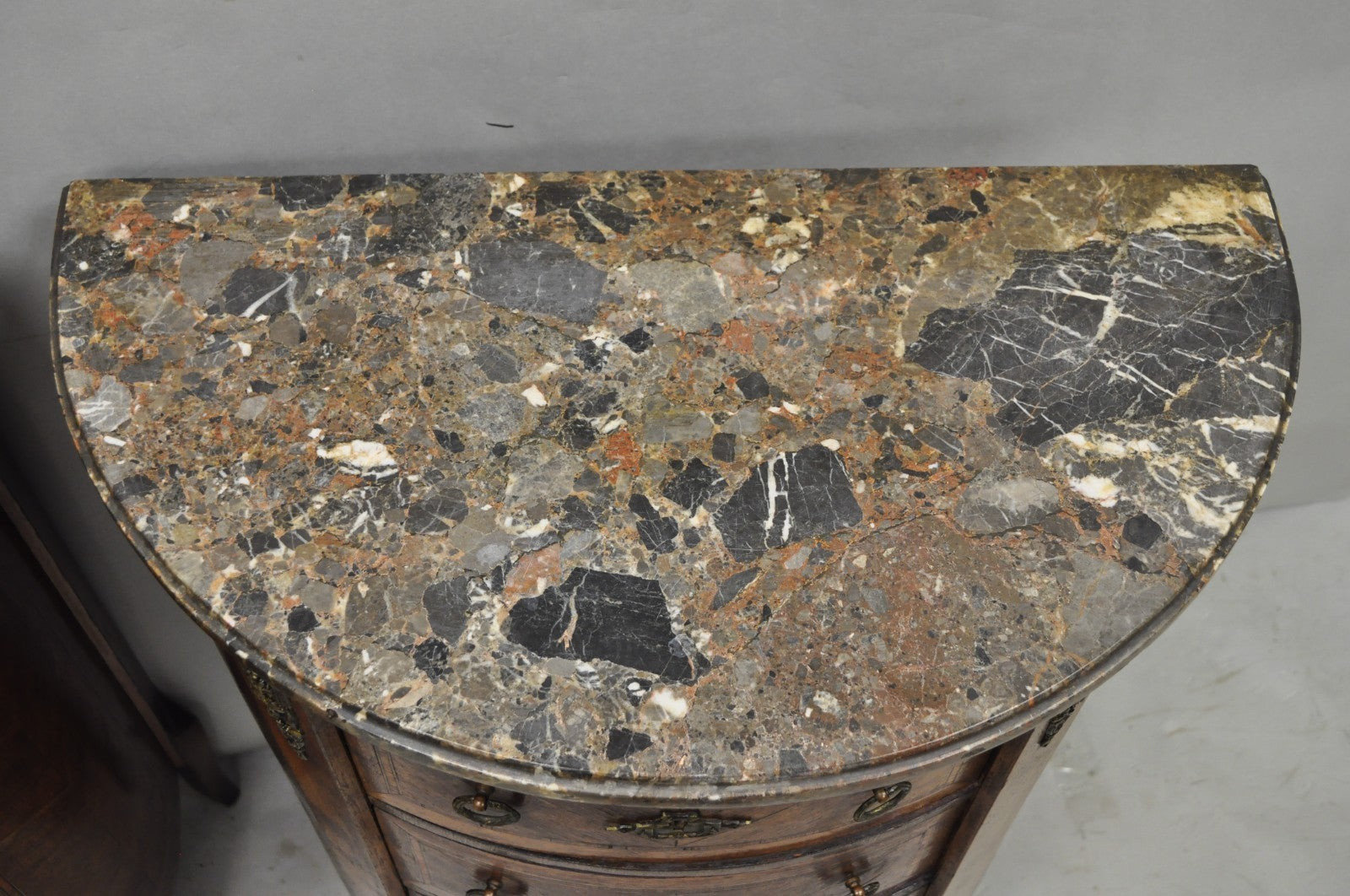 Antique French Louis XV Style Demilune Marble Top 4 Drawer Nightstand Table Pair