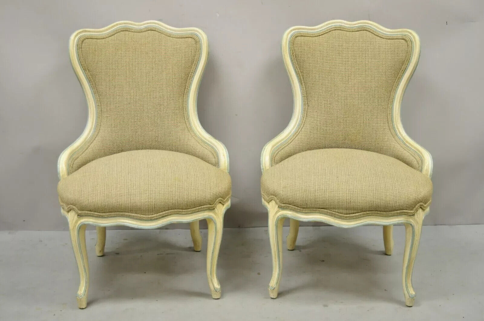 Vintage French Provincial Louis XV Cream Blue Boudoir Slipper Chairs - a Pair