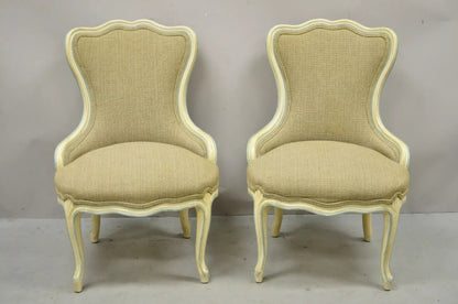 Vintage French Provincial Louis XV Cream Blue Boudoir Slipper Chairs - a Pair