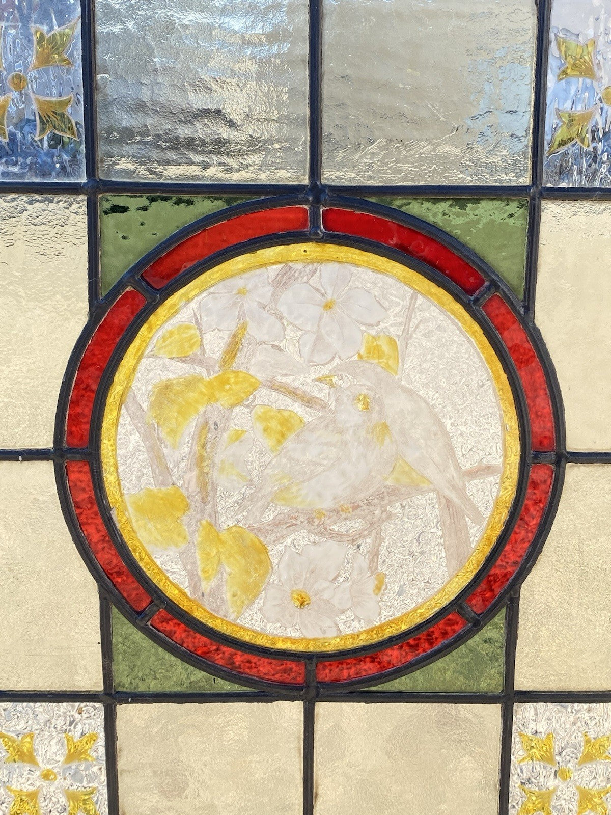 Antique French Art Nouveau Stained Leaded Glass Windows with Birds - a Pair
