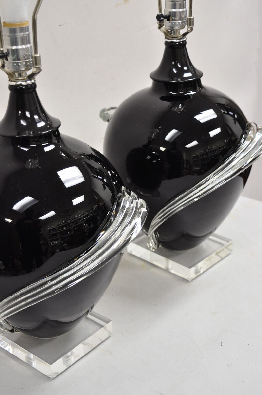 Vintage Postmodern Black Blown Glass Clear Ribbon & Lucite Table Lamps - a Pair