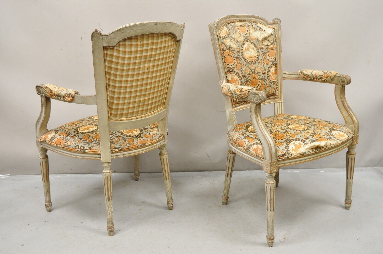 Antique French Louis XVI Style Distressed Cream Painted Fauteuil Arm Chairs Pair