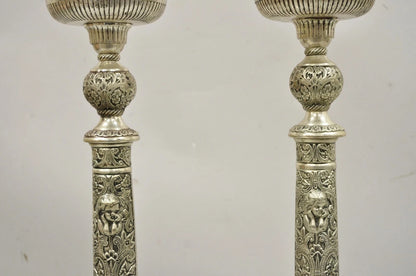 French Renaissance Silver Plated Tall Ornate Compote Centerpiece Dish Bowl Pair