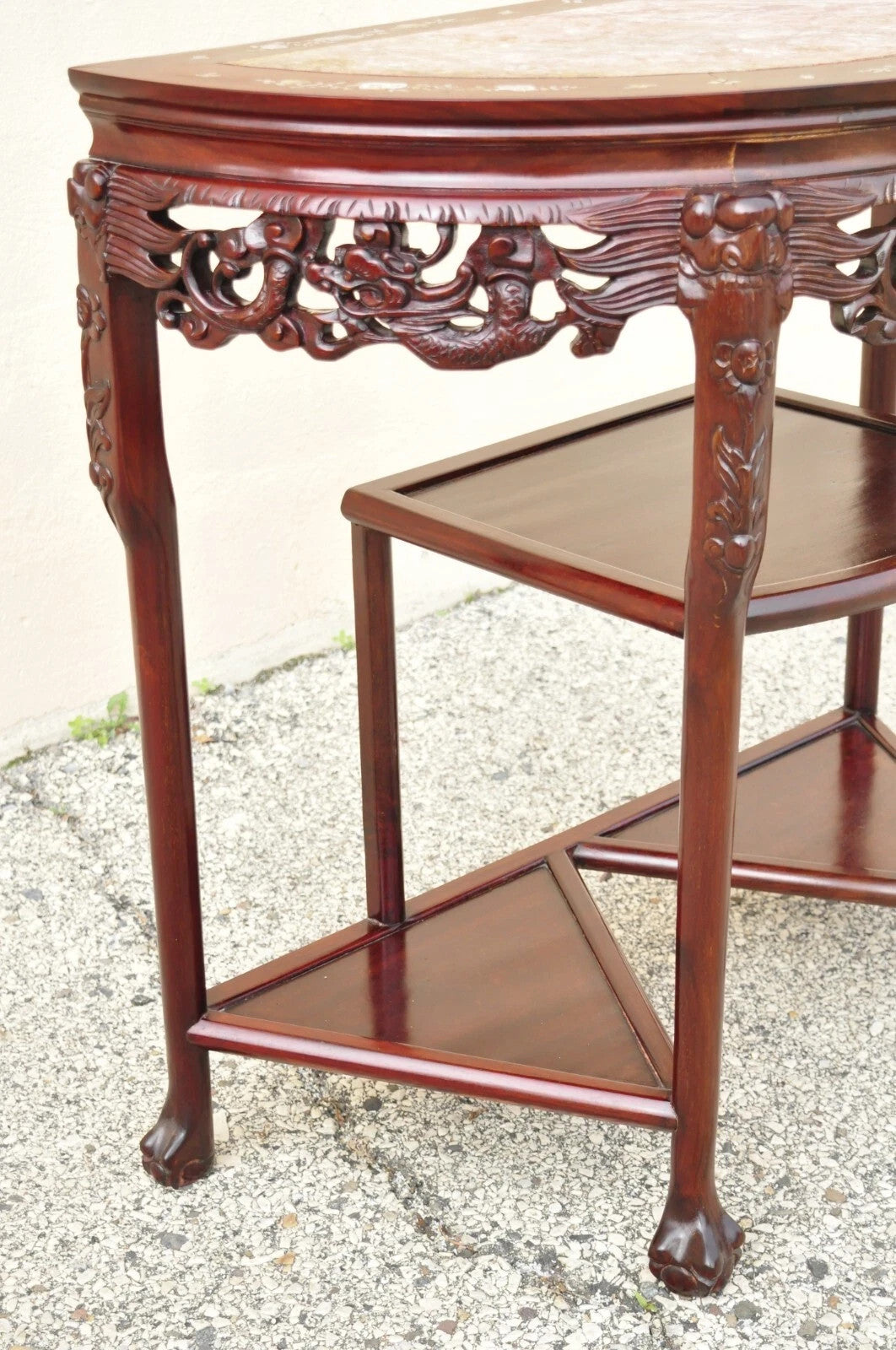 Vintage Oriental Chinese Carved Hardwood Demilune Marble Top Console Hall Table