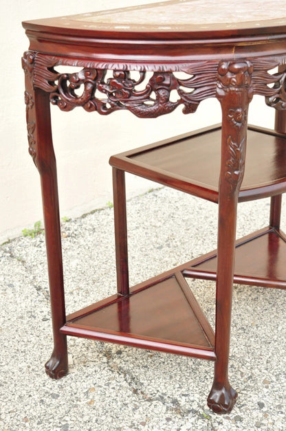 Vintage Oriental Chinese Carved Hardwood Demilune Marble Top Console Hall Table