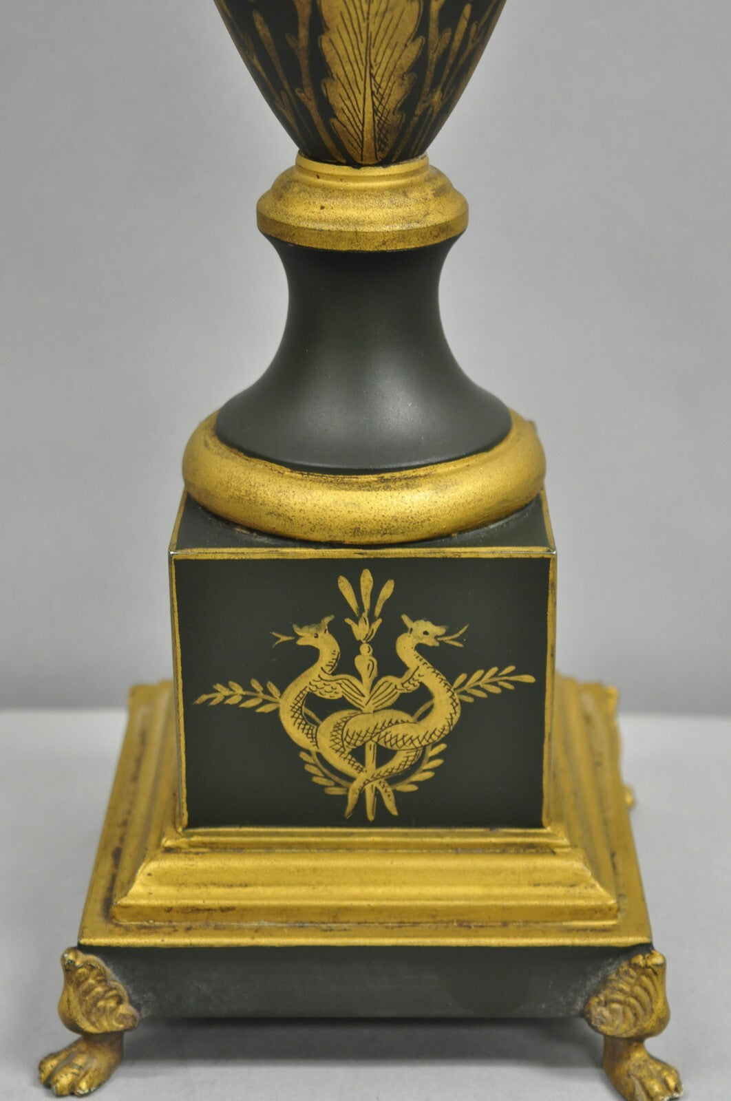 Vintage French Empire Green Tole Metal Gold Swan Painted Urn Table Lamp